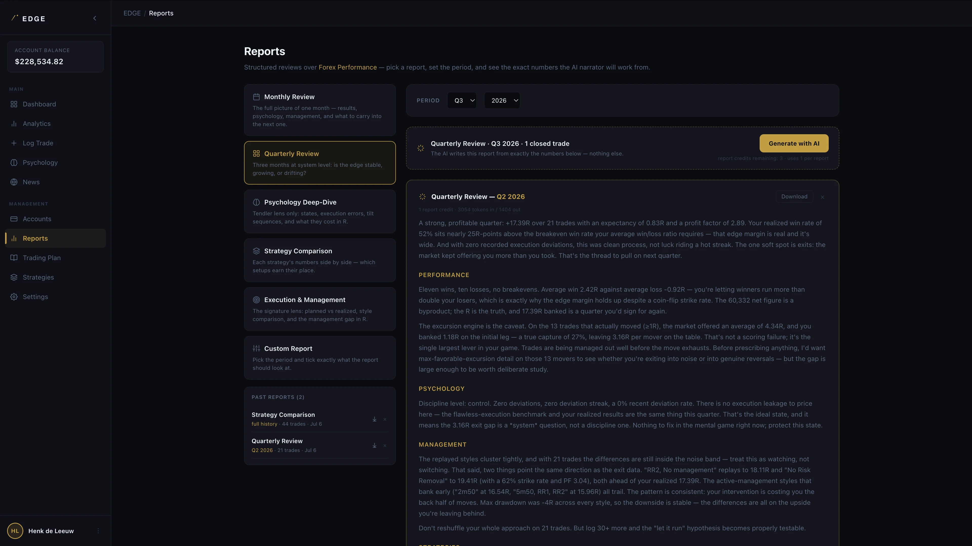 An AI-written quarterly review, generated from the trader's own numbers